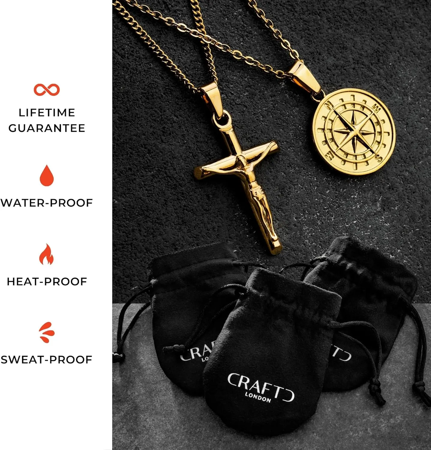 | Gold Crucifix Pendant Necklace | 20.5" Chain Link with 20MM x 20MM Pendant | Waterproof, Heat & Sweat Resistant | Gifts for Men | Men's Jewelry |