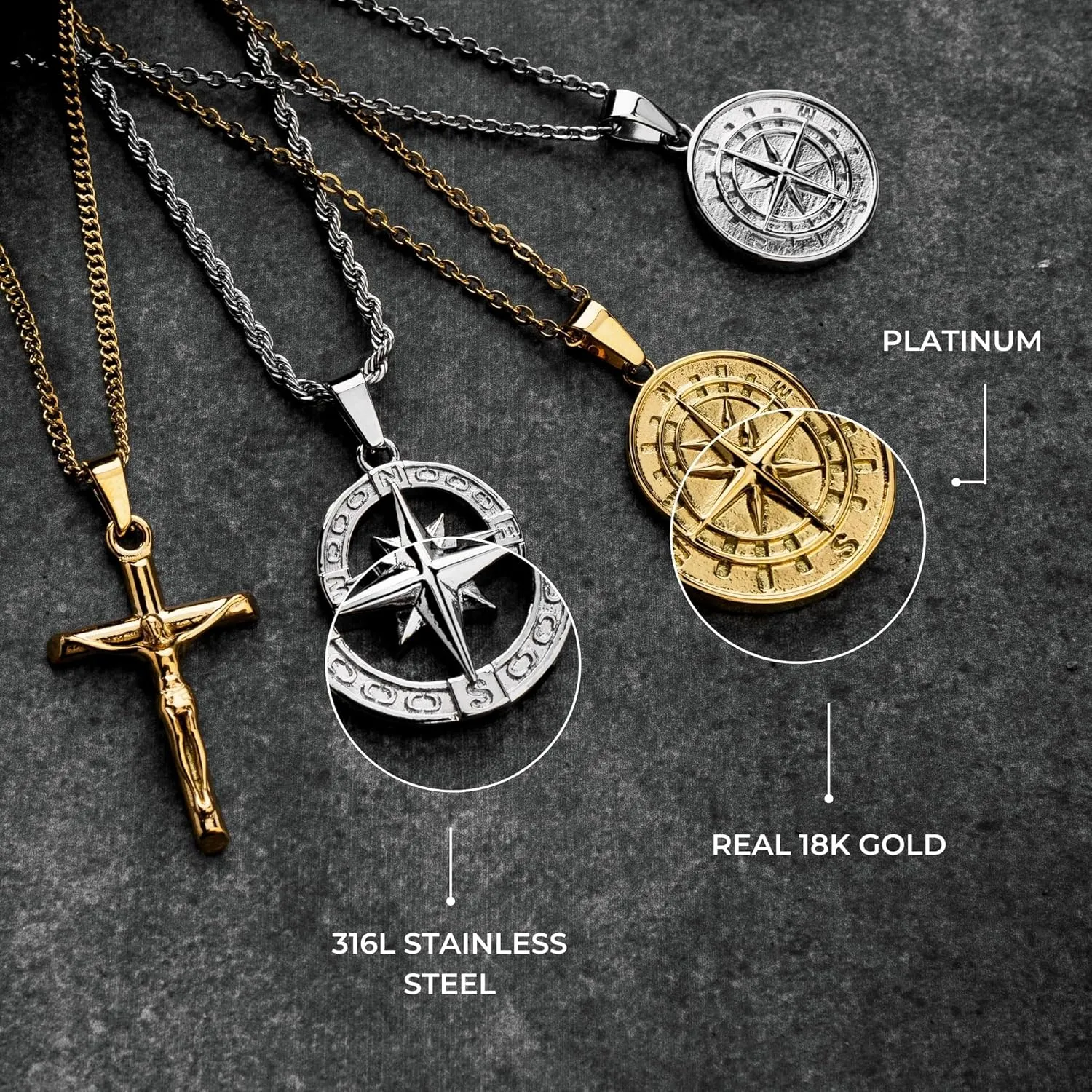 | Gold Crucifix Pendant Necklace | 20.5" Chain Link with 20MM x 20MM Pendant | Waterproof, Heat & Sweat Resistant | Gifts for Men | Men's Jewelry |