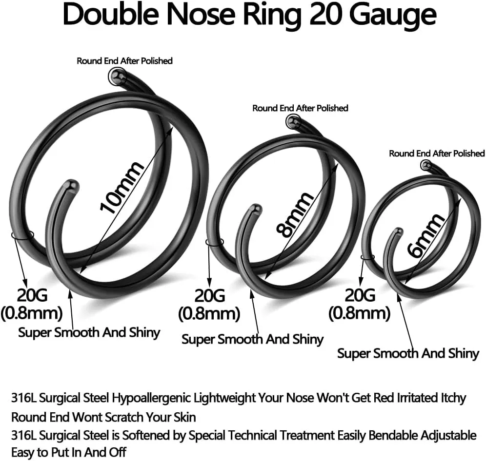 1-15PCS Double Hoop Nose Ring for Single Piercing 18G 20G 22G Spiral Nose Rings Hoops 18 20 22 Gauge Surgical Steel Twist Nose Piercing Jewelry Nostril for Women Girls Men Hypoallergenic Pack Easy Bendable 6mm 8mm 10mm