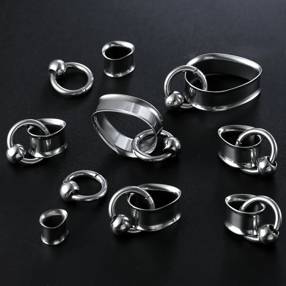 1 pair Ear Gauges with 1 ring 1 ball Hypoallergenic 316 earrings weight Stainless Steel Ear Stretchers Plus Tunnels (0G-1") 8mm-25mm 00G Body Piercing Jewelry