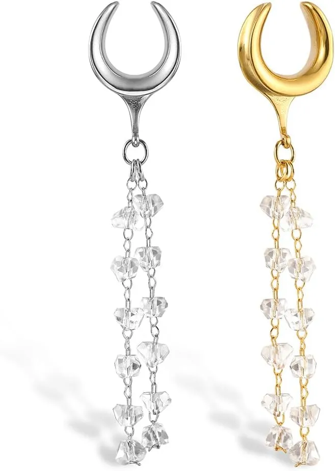 1 Pair saddle gauges crystals chain Dangle earrings Ear Tunnels Plugs 316 Stainless Steel Ear Weight Plugs Hypoallergenic expander Piercing Body Jewelry