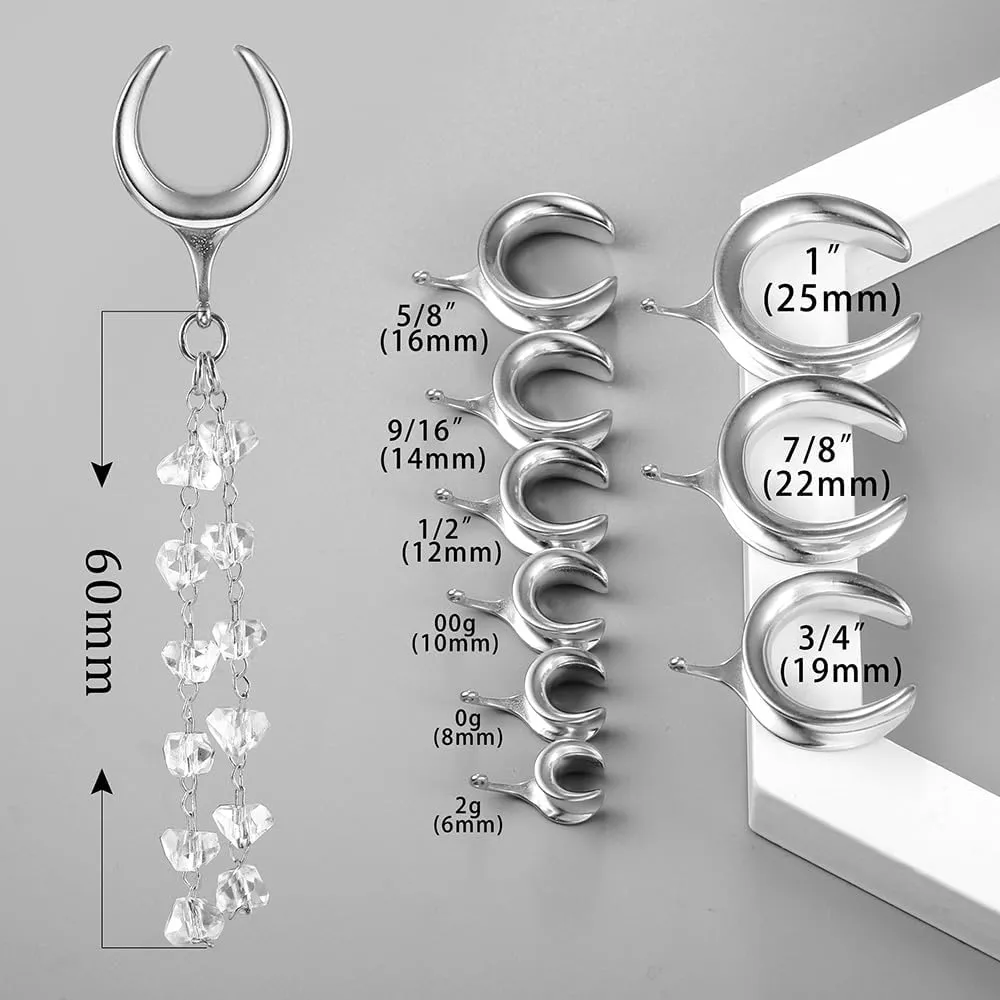 1 Pair saddle gauges crystals chain Dangle earrings Ear Tunnels Plugs 316 Stainless Steel Ear Weight Plugs Hypoallergenic expander Piercing Body Jewelry