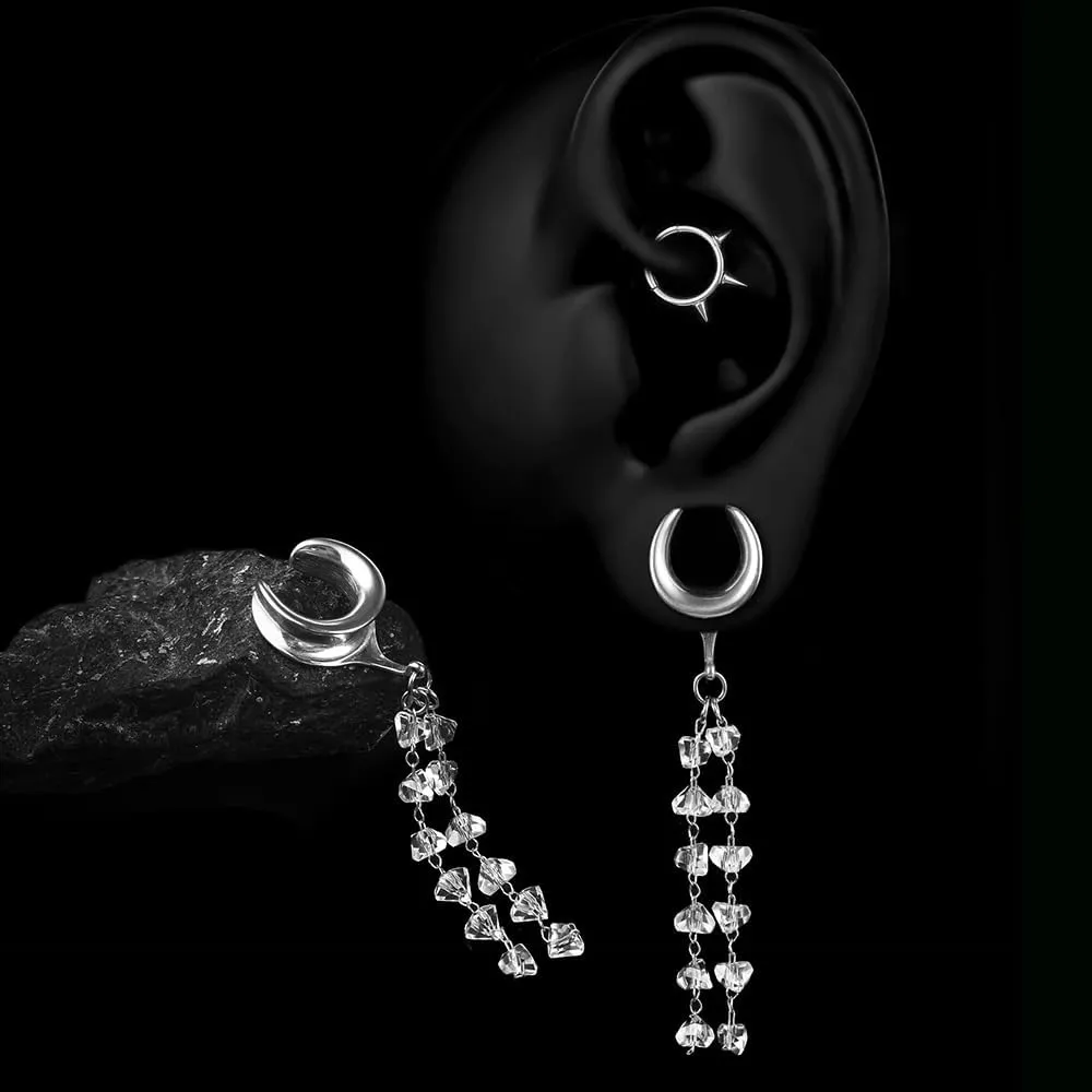 1 Pair saddle gauges crystals chain Dangle earrings Ear Tunnels Plugs 316 Stainless Steel Ear Weight Plugs Hypoallergenic expander Piercing Body Jewelry