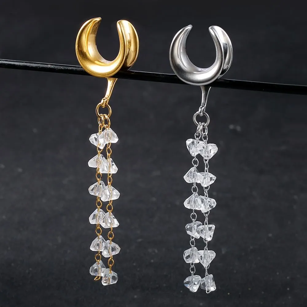 1 Pair saddle gauges crystals chain Dangle earrings Ear Tunnels Plugs 316 Stainless Steel Ear Weight Plugs Hypoallergenic expander Piercing Body Jewelry