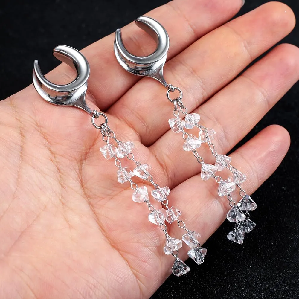1 Pair saddle gauges crystals chain Dangle earrings Ear Tunnels Plugs 316 Stainless Steel Ear Weight Plugs Hypoallergenic expander Piercing Body Jewelry
