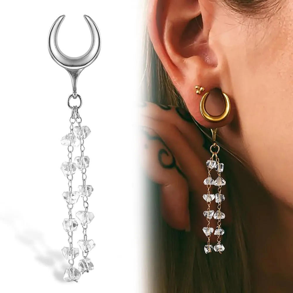 1 Pair saddle gauges crystals chain Dangle earrings Ear Tunnels Plugs 316 Stainless Steel Ear Weight Plugs Hypoallergenic expander Piercing Body Jewelry