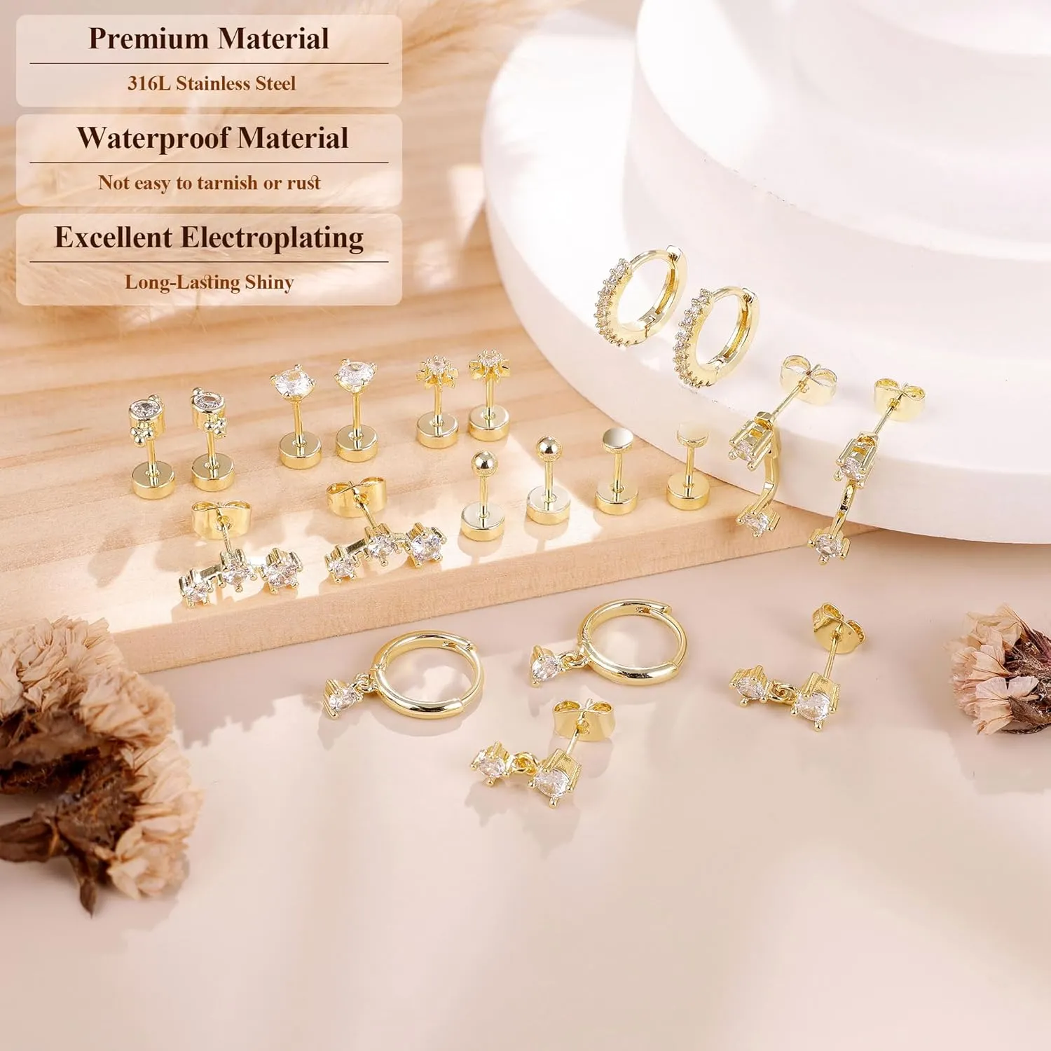 10Pairs 20G 14K Gold Plated FlatBack Earrings for Multiple Piercing Hypoallergenic Cartilage Earrings Set Tiny CZ Dainty Earring Lobe Helix Flat back Stud Earring for Women