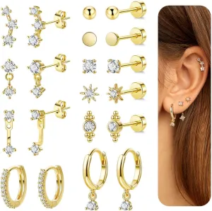 10Pairs 20G 14K Gold Plated FlatBack Earrings for Multiple Piercing Hypoallergenic Cartilage Earrings Set Tiny CZ Dainty Earring Lobe Helix Flat back Stud Earring for Women