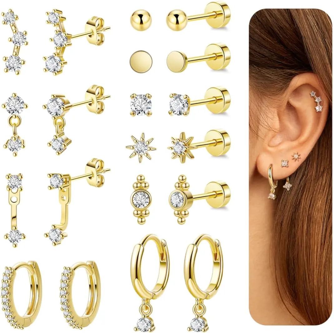 10Pairs 20G 14K Gold Plated FlatBack Earrings for Multiple Piercing Hypoallergenic Cartilage Earrings Set Tiny CZ Dainty Earring Lobe Helix Flat back Stud Earring for Women