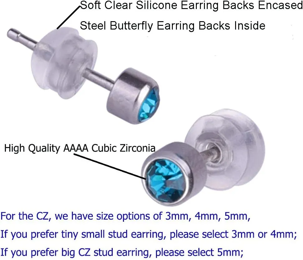 12 Pairs surgical Stainless Steel CZ Stud Earrings for Women, Cubic Zirconia Birthstone Stud Earrings Set with Clear Silicone Earring Backs