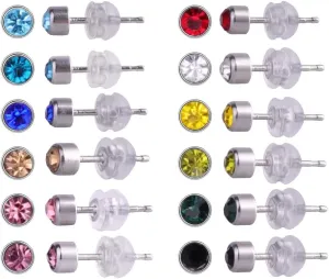 12 Pairs surgical Stainless Steel CZ Stud Earrings for Women, Cubic Zirconia Birthstone Stud Earrings Set with Clear Silicone Earring Backs