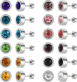 12 Pairs Surgical Stainless Steel Flat Back Birthstone Cubic Zirconia Stud Earrings, Gold Plated Screw Back Round Star Heart Flower Hexagon Triangle CZ Stud Earrings Set