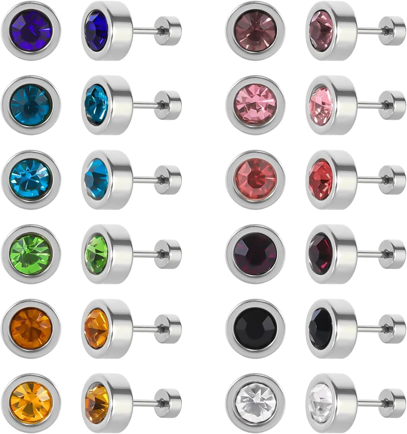 12 Pairs Surgical Stainless Steel Flat Back Birthstone Cubic Zirconia Stud Earrings, Gold Plated Screw Back Round Star Heart Flower Hexagon Triangle CZ Stud Earrings Set