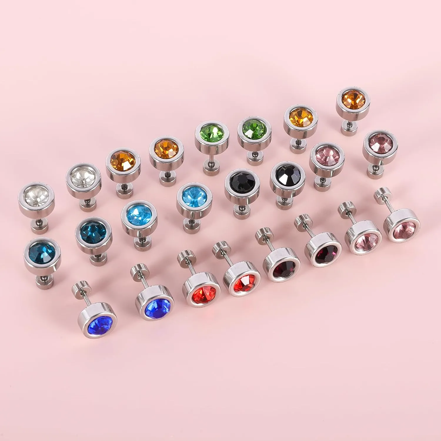 12 Pairs Surgical Stainless Steel Flat Back Birthstone Cubic Zirconia Stud Earrings, Gold Plated Screw Back Round Star Heart Flower Hexagon Triangle CZ Stud Earrings Set