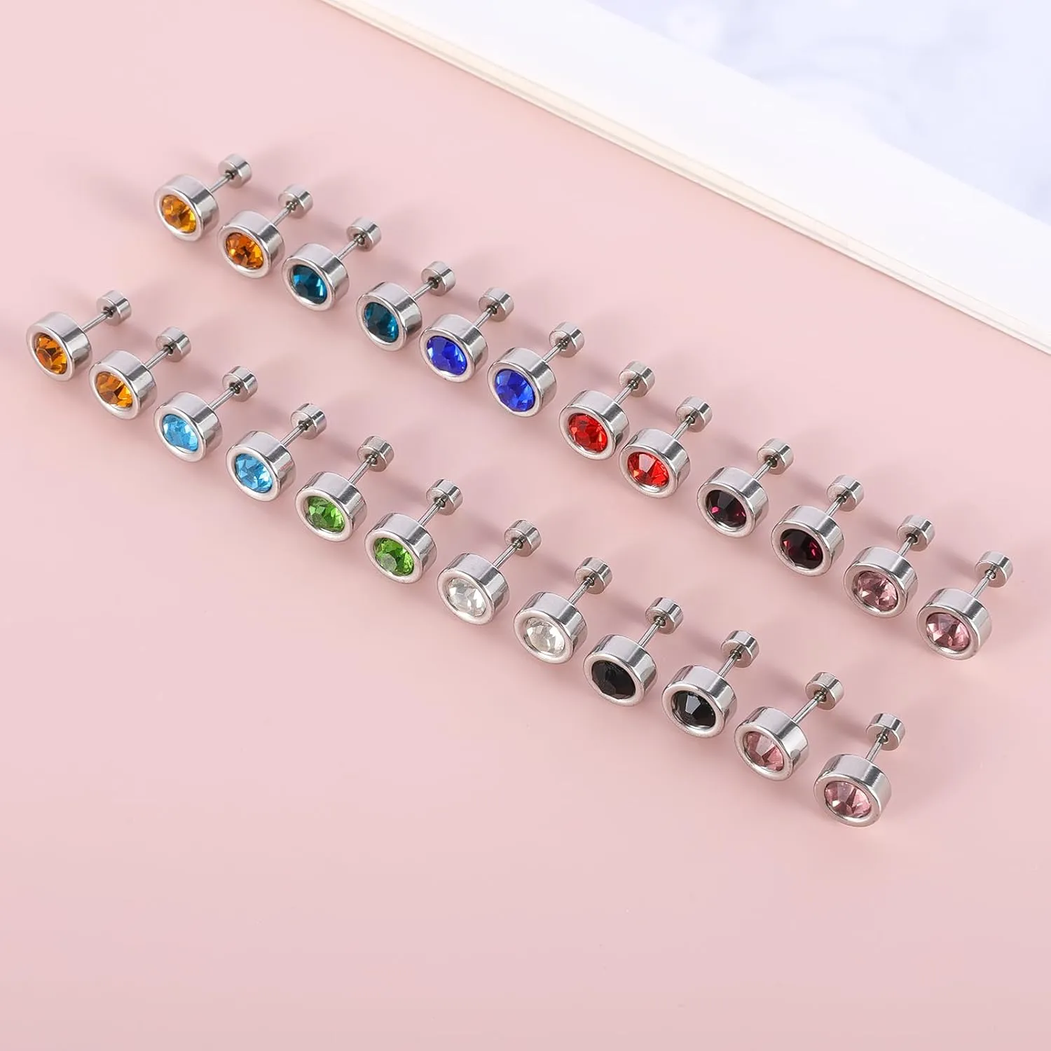 12 Pairs Surgical Stainless Steel Flat Back Birthstone Cubic Zirconia Stud Earrings, Gold Plated Screw Back Round Star Heart Flower Hexagon Triangle CZ Stud Earrings Set