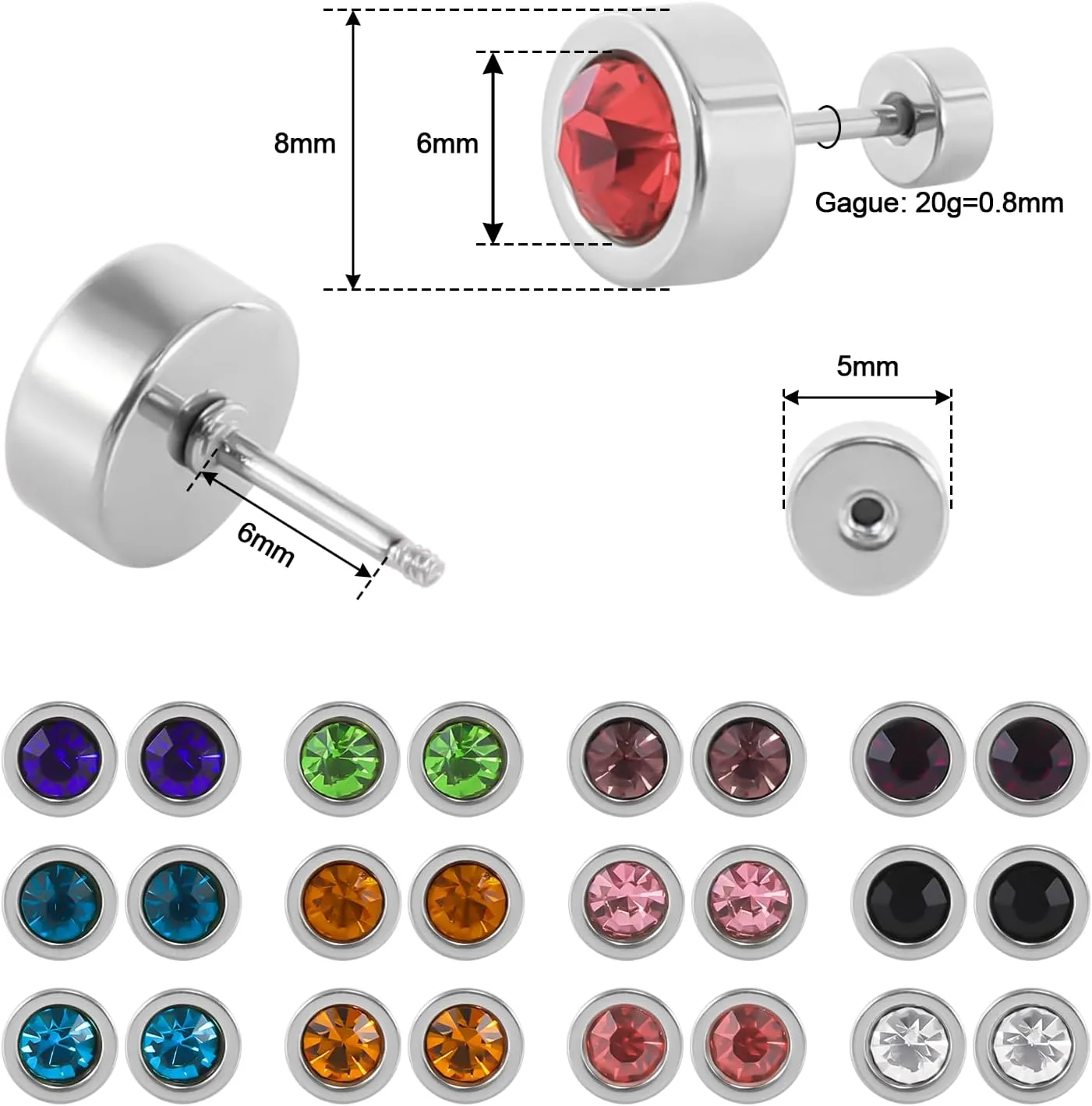 12 Pairs Surgical Stainless Steel Flat Back Birthstone Cubic Zirconia Stud Earrings, Gold Plated Screw Back Round Star Heart Flower Hexagon Triangle CZ Stud Earrings Set
