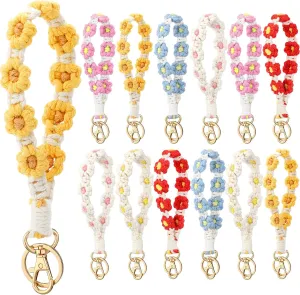 12 Pcs Boho Macrame Wristlet Keychain Flower Handmade Wristlet Cute Floral Daisy Flower Keychain