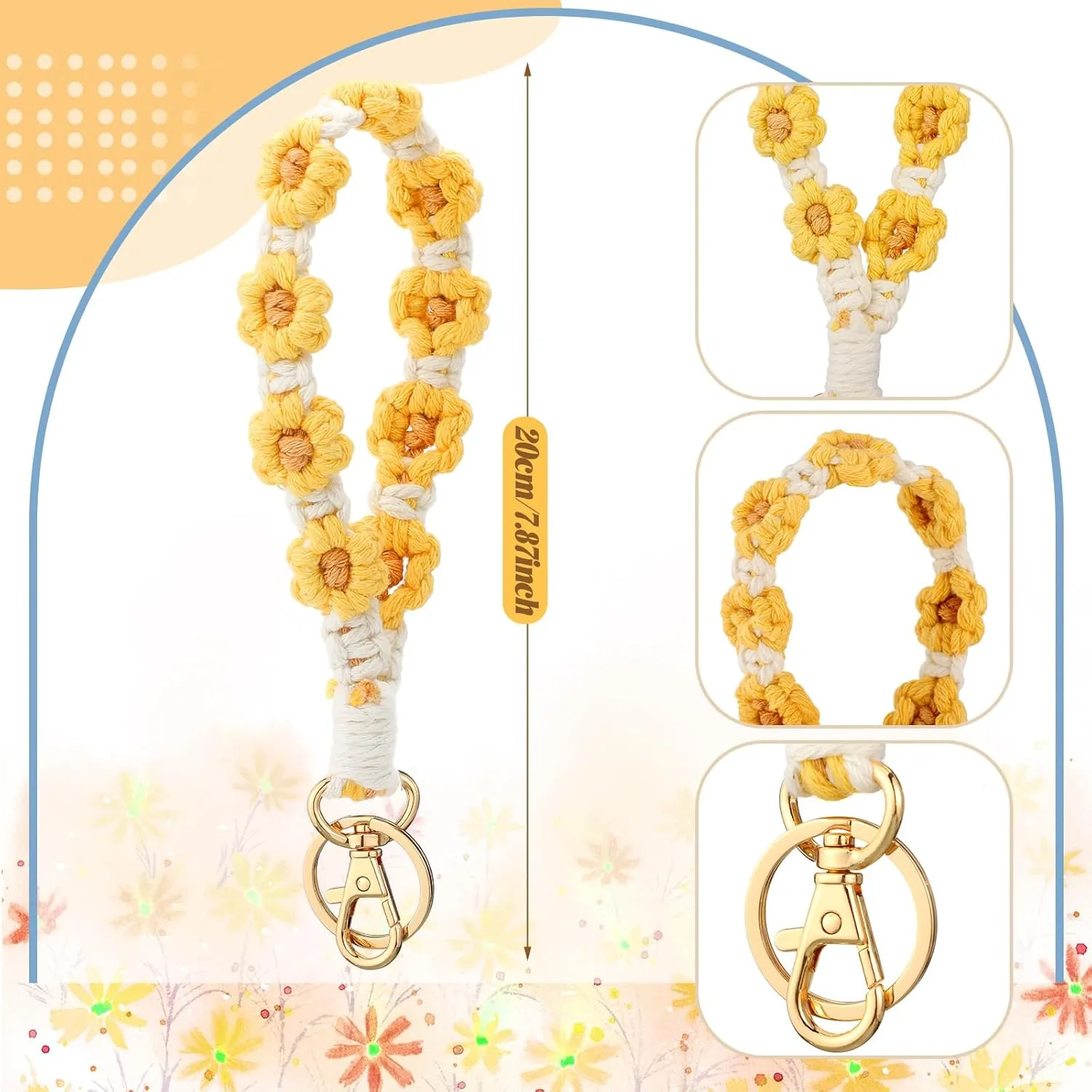 12 Pcs Boho Macrame Wristlet Keychain Flower Handmade Wristlet Cute Floral Daisy Flower Keychain