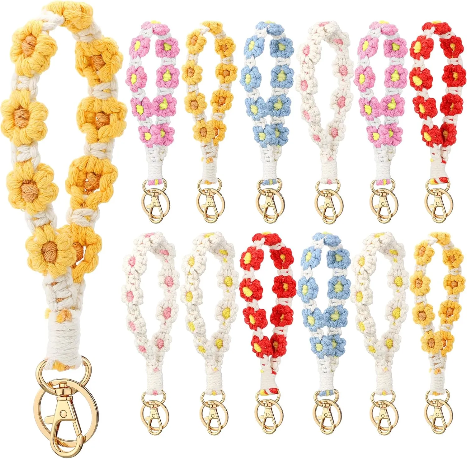 12 Pcs Boho Macrame Wristlet Keychain Flower Handmade Wristlet Cute Floral Daisy Flower Keychain