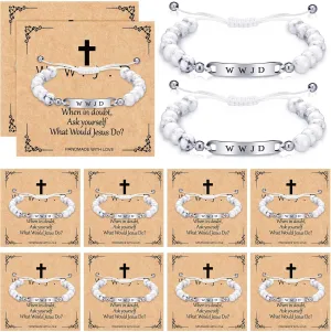 12 PCS WWJD Bracelet for Women Men, Marble Bead Christian Bracelet with Cross Card, Inspirational Faith Jewelry Gift for Baptism, Confirmation, Bible Study