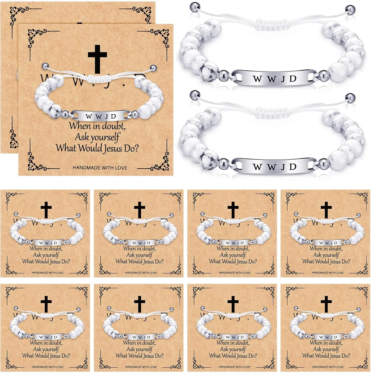 12 PCS WWJD Bracelet for Women Men, Marble Bead Christian Bracelet with Cross Card, Inspirational Faith Jewelry Gift for Baptism, Confirmation, Bible Study