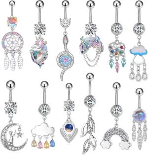 12pcs 14G Stainless Steel Belly Button Rings Navel Rings Cute CZ Curved Barbell Piercing Belly Rings for Women