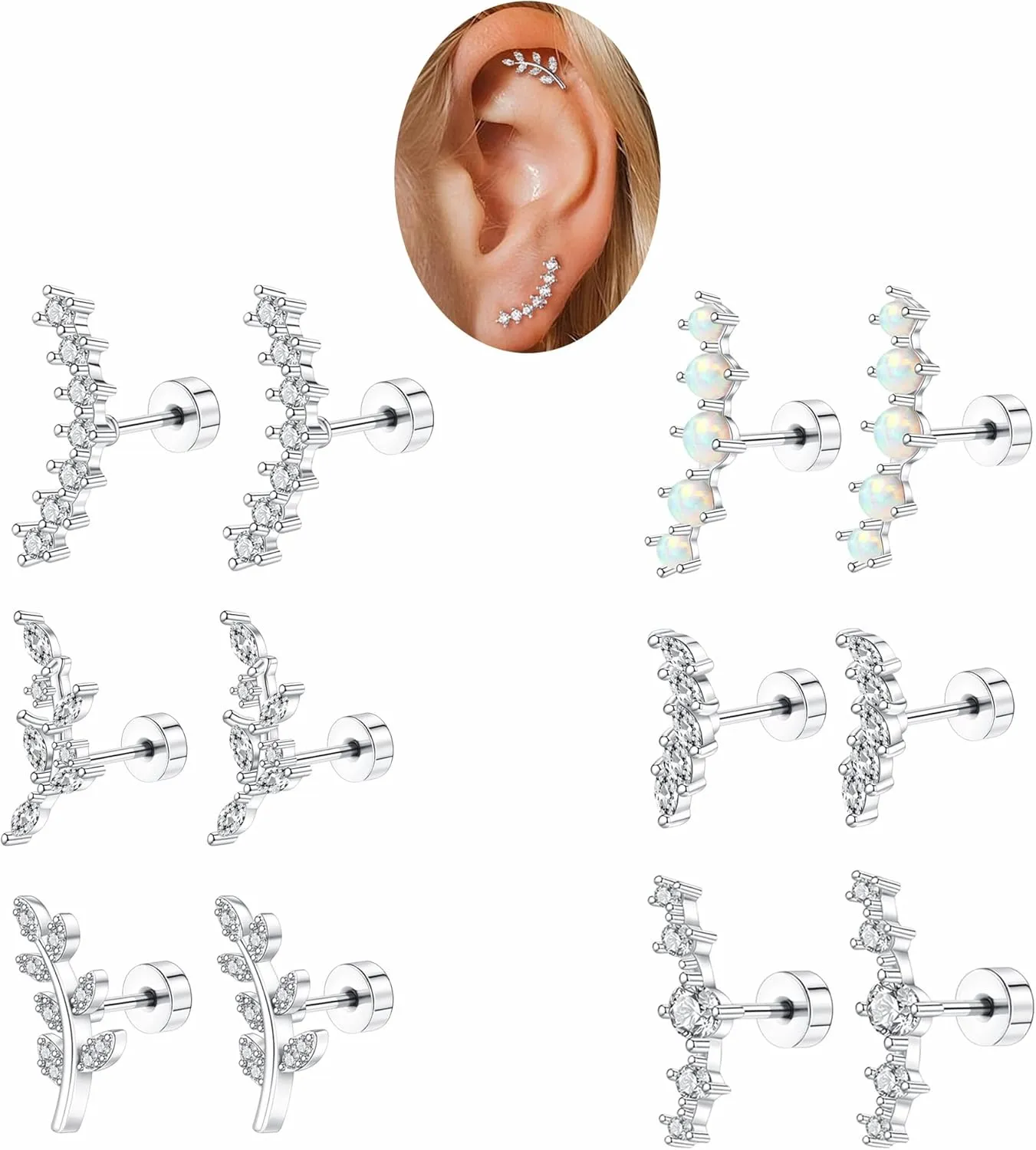 12PCS Cartilage Earrings Helix Piercing Jewelry for Women Gold Silver Hypoallergenic Surgical Steel Flat Back Opal CZ Dainty Tragus Conch Piercing Jewelry Set