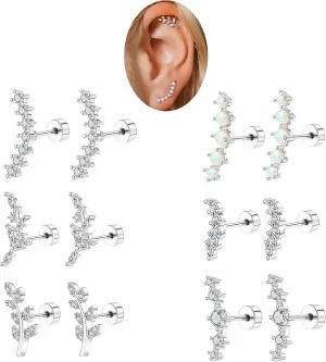 12PCS Cartilage Earrings Helix Piercing Jewelry for Women Gold Silver Hypoallergenic Surgical Steel Flat Back Opal CZ Dainty Tragus Conch Piercing Jewelry Set