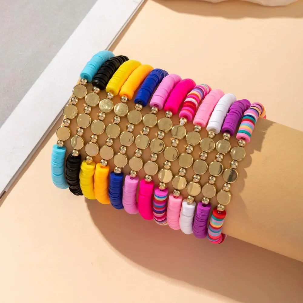 12Pcs Colorful Polymer Clay Star Stackable Friendship Bracelets Bohemian Multilayer Heishi Surfer Clay Gold Beaded Stretch Bracelets for Women Men Summer Beach Boho Jewelry Holiday Gifts