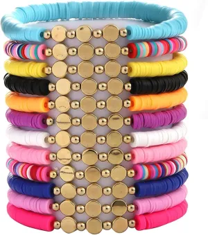 12Pcs Colorful Polymer Clay Star Stackable Friendship Bracelets Bohemian Multilayer Heishi Surfer Clay Gold Beaded Stretch Bracelets for Women Men Summer Beach Boho Jewelry Holiday Gifts
