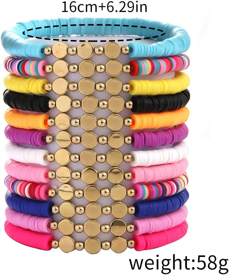 12Pcs Colorful Polymer Clay Star Stackable Friendship Bracelets Bohemian Multilayer Heishi Surfer Clay Gold Beaded Stretch Bracelets for Women Men Summer Beach Boho Jewelry Holiday Gifts