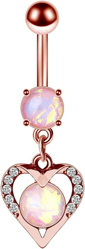 14G Belly Button Rings, Belly Rings Dangle Navel Rings Surgical Steel Heart with Opal Cubic Zirconia Belly Button Piercing Jewelry