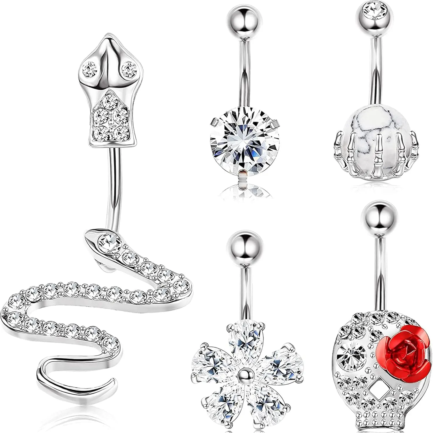 14G Cubic Zirconia Belly Button Ring Stainless Steel Belly Rings for Women Opal Crystal Navel Rings Barbells Dangle Flower Belly Piercing Jewelry