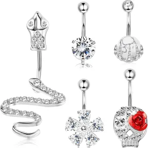 14G Cubic Zirconia Belly Button Ring Stainless Steel Belly Rings for Women Opal Crystal Navel Rings Barbells Dangle Flower Belly Piercing Jewelry