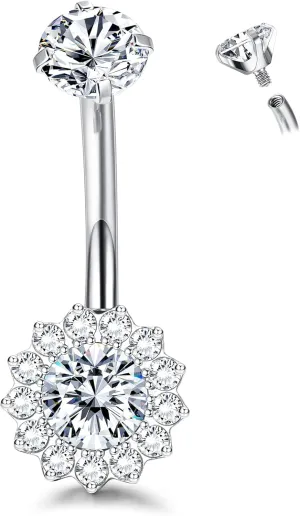 14G Titanium Belly Button Ring for Women AAAAAA Cubic Zirconia Belly Button Rings Flower Opal 10mm Gold Plated Belly Ring Halo Internally Threaded Navel Body Belly Piercing