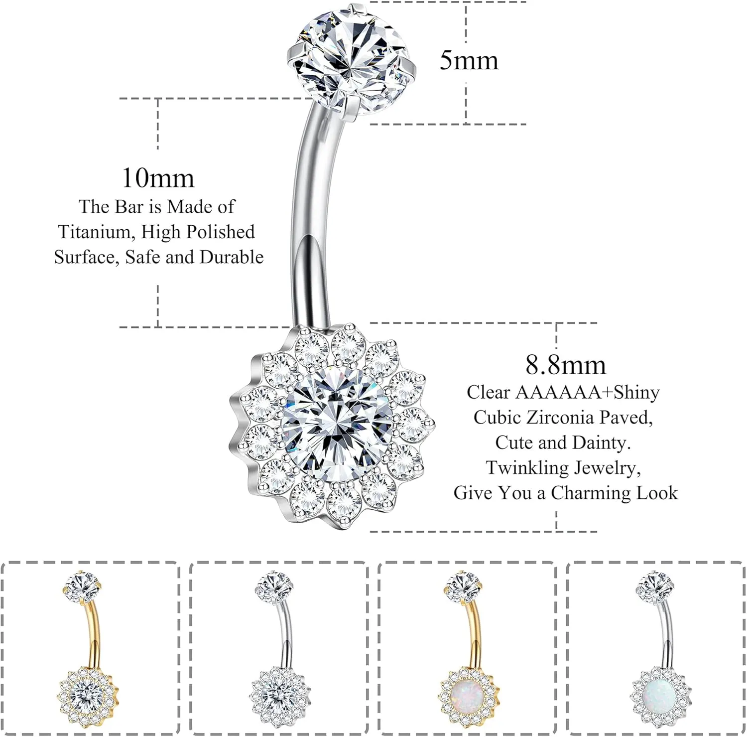 14G Titanium Belly Button Ring for Women AAAAAA Cubic Zirconia Belly Button Rings Flower Opal 10mm Gold Plated Belly Ring Halo Internally Threaded Navel Body Belly Piercing