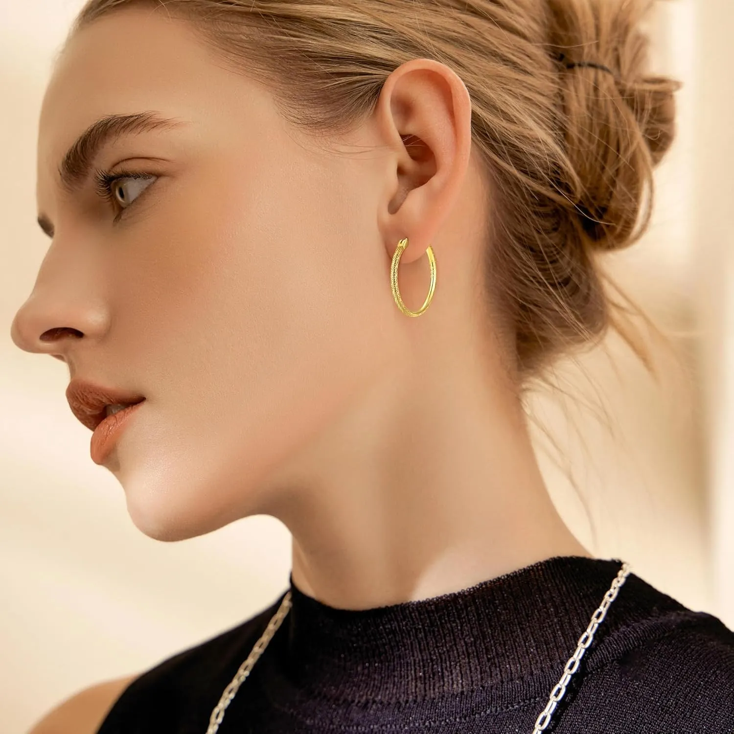 14K Gold Earrings, Gold Hoop Earrings for Women, Engraved Dainty Gold Earrings, 14K Gold Plated 925 Sterling Silver, 20mm/25mm/35mm