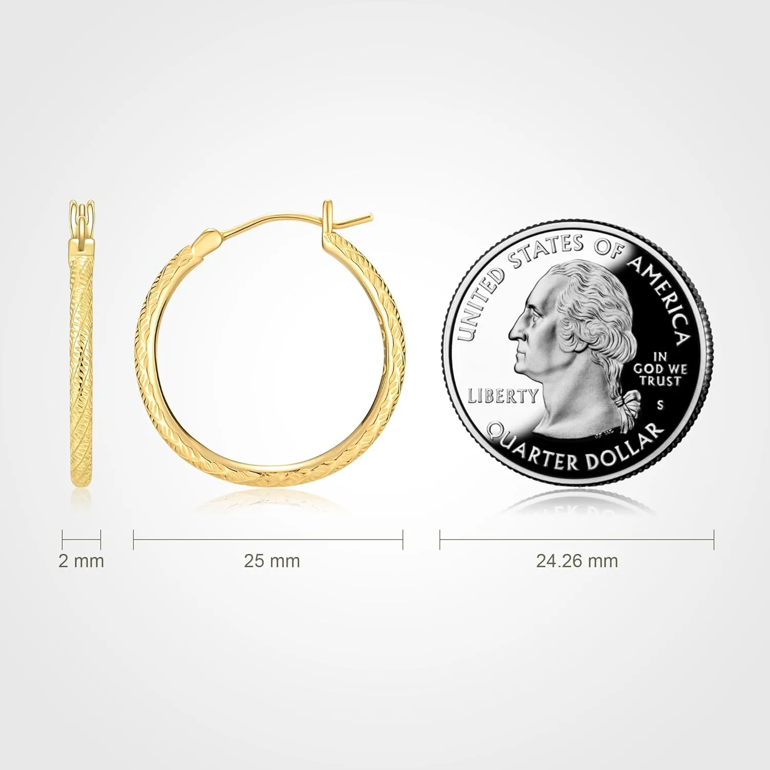 14K Gold Earrings, Gold Hoop Earrings for Women, Engraved Dainty Gold Earrings, 14K Gold Plated 925 Sterling Silver, 20mm/25mm/35mm