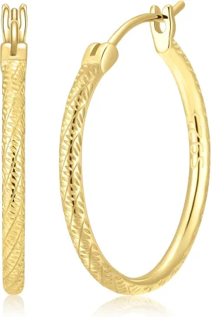 14K Gold Earrings, Gold Hoop Earrings for Women, Engraved Dainty Gold Earrings, 14K Gold Plated 925 Sterling Silver, 20mm/25mm/35mm