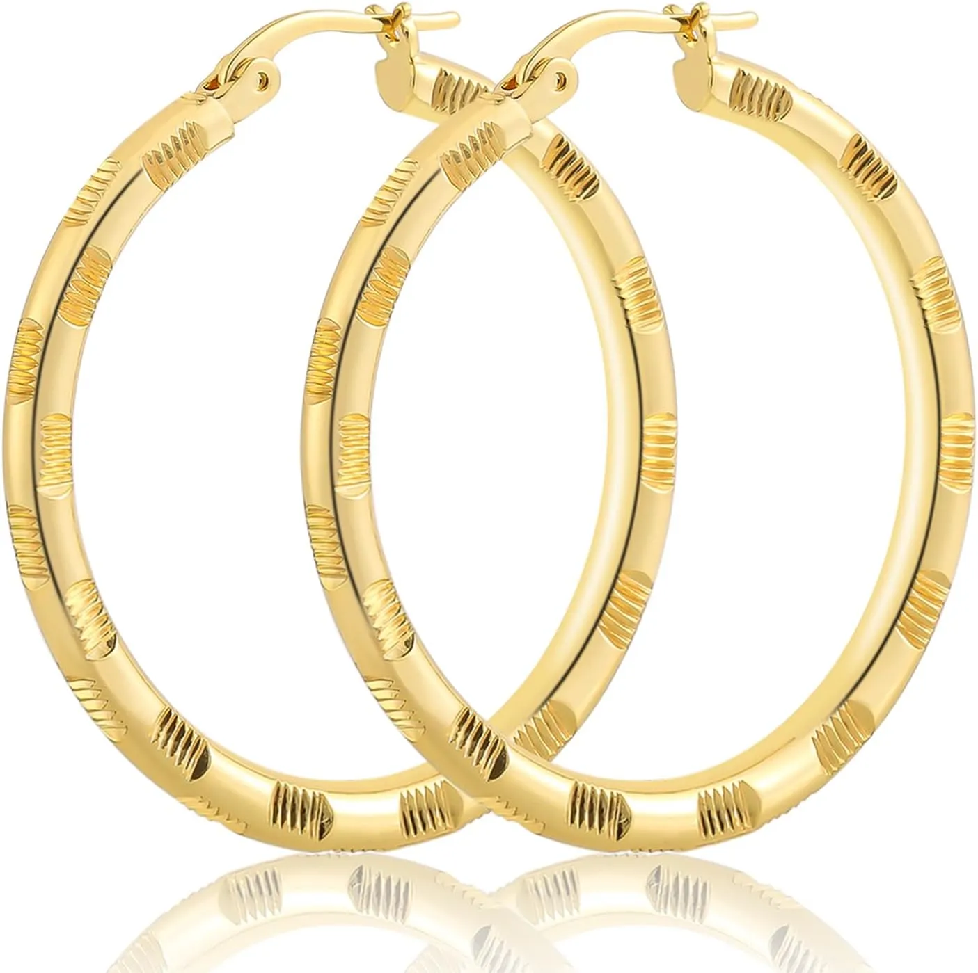 14k Gold Hoop Earrings, Solid Line Cutting Design, 2 Count, Polished Finish