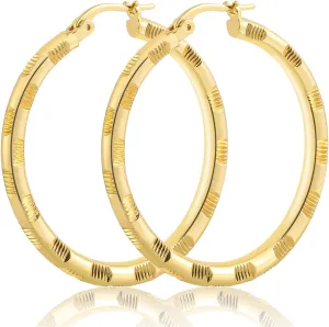 14k Gold Hoop Earrings, Solid Line Cutting Design, 2 Count, Polished Finish