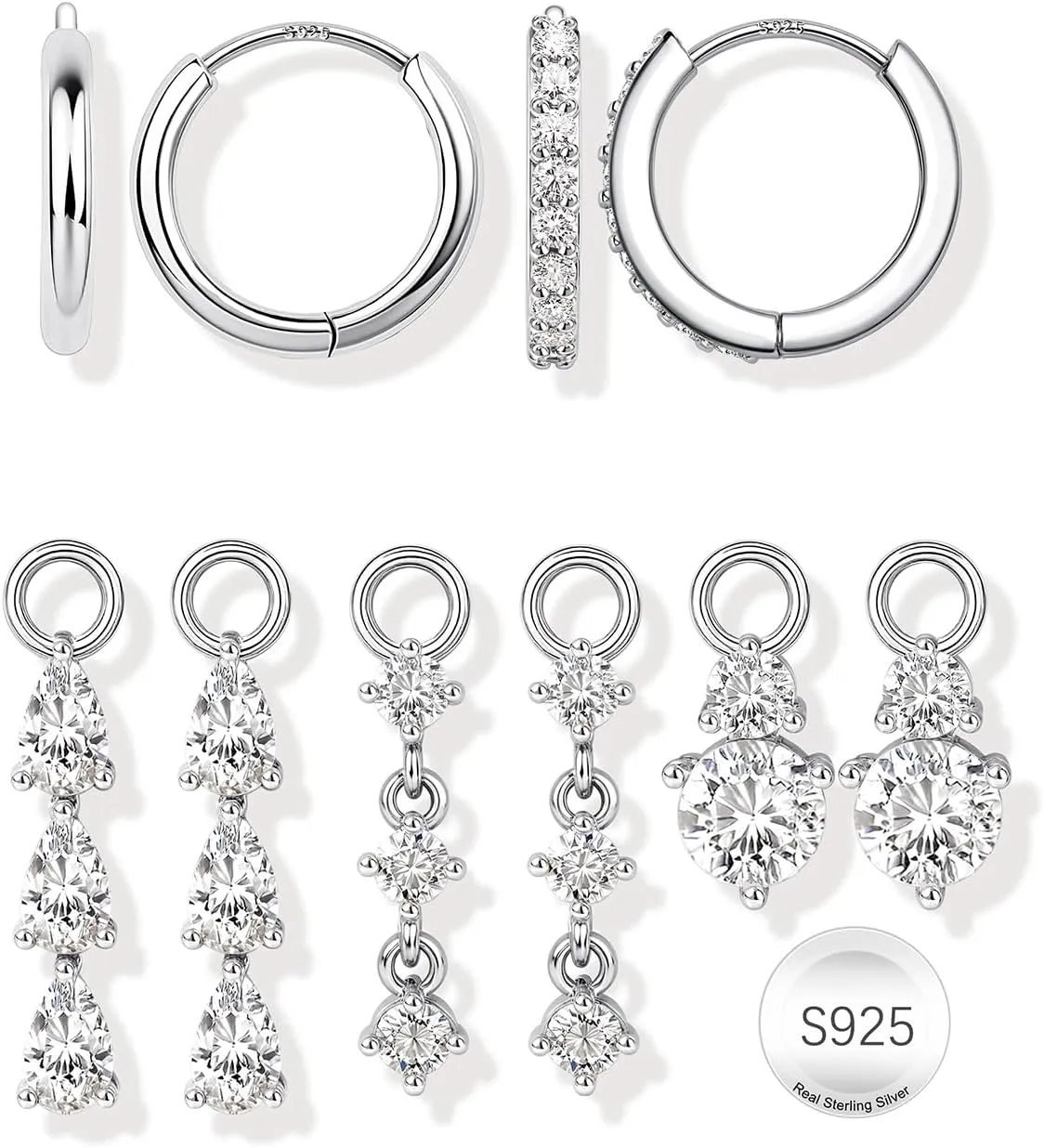 14K Gold Plated 925 Sterling Silver Post Hoop Earrings Dangle Charms : 10 Pcs Hypoallergenic Dainty Huggie Earring for Women - Gold Hoops 5A Clear CZ Trendy Long Dangling Jewelry