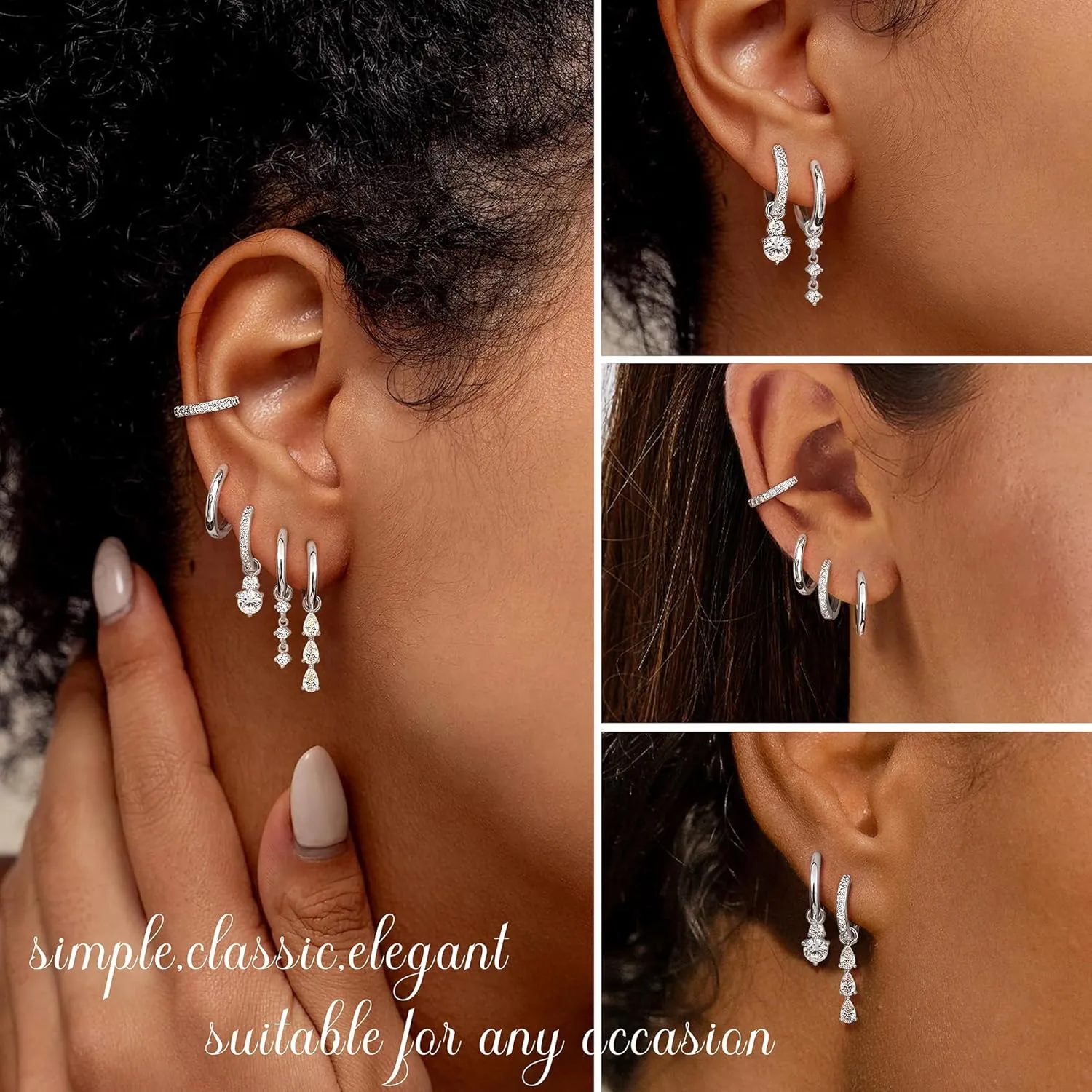 14K Gold Plated 925 Sterling Silver Post Hoop Earrings Dangle Charms : 10 Pcs Hypoallergenic Dainty Huggie Earring for Women - Gold Hoops 5A Clear CZ Trendy Long Dangling Jewelry