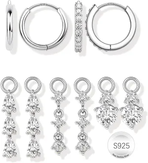 14K Gold Plated 925 Sterling Silver Post Hoop Earrings Dangle Charms : 10 Pcs Hypoallergenic Dainty Huggie Earring for Women - Gold Hoops 5A Clear CZ Trendy Long Dangling Jewelry