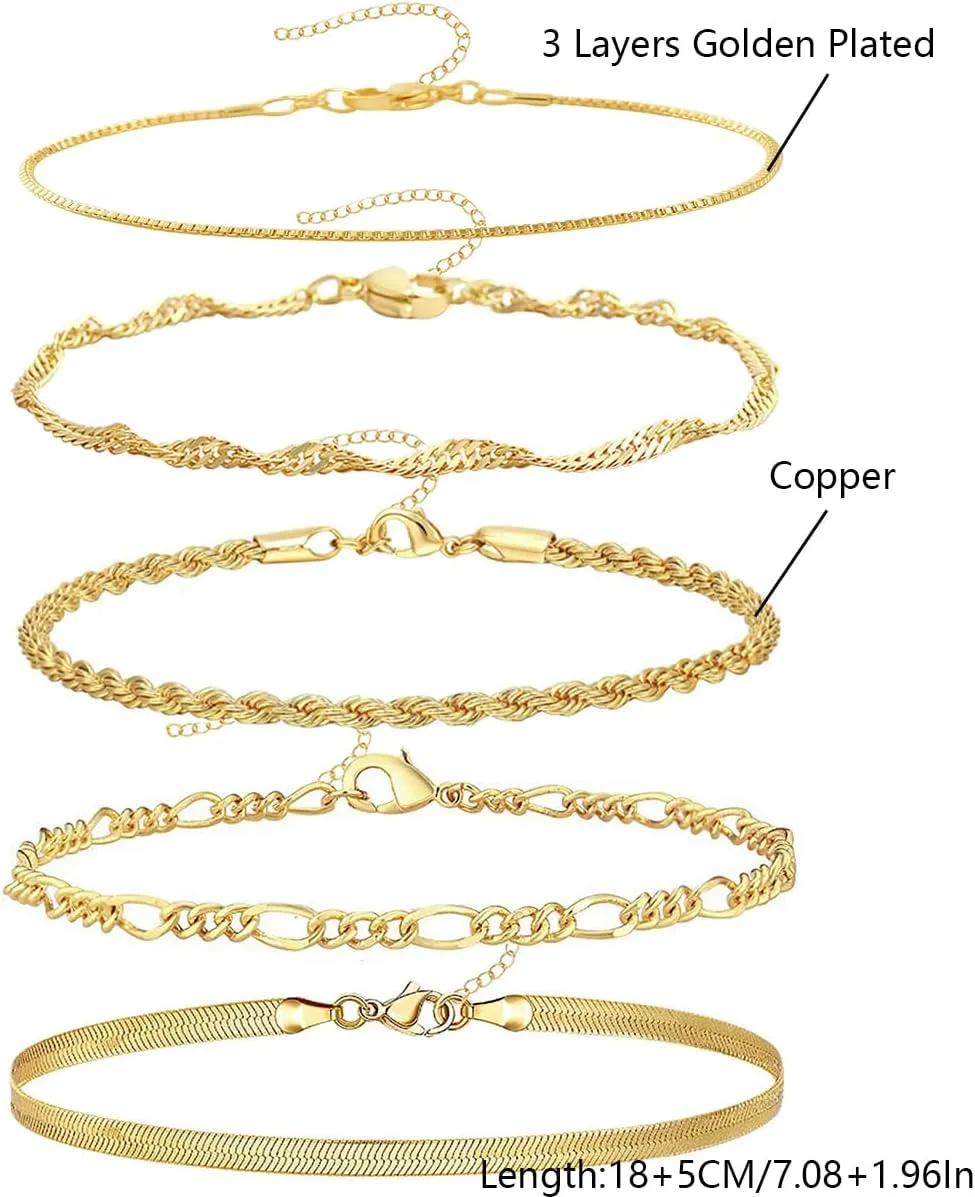 14K Gold Plated Chain Bracelets Set for Women Dainty Stackable Figaro Herringbone Paperclip Link Chain Bracelets Jewelry Pack Stack Gifts