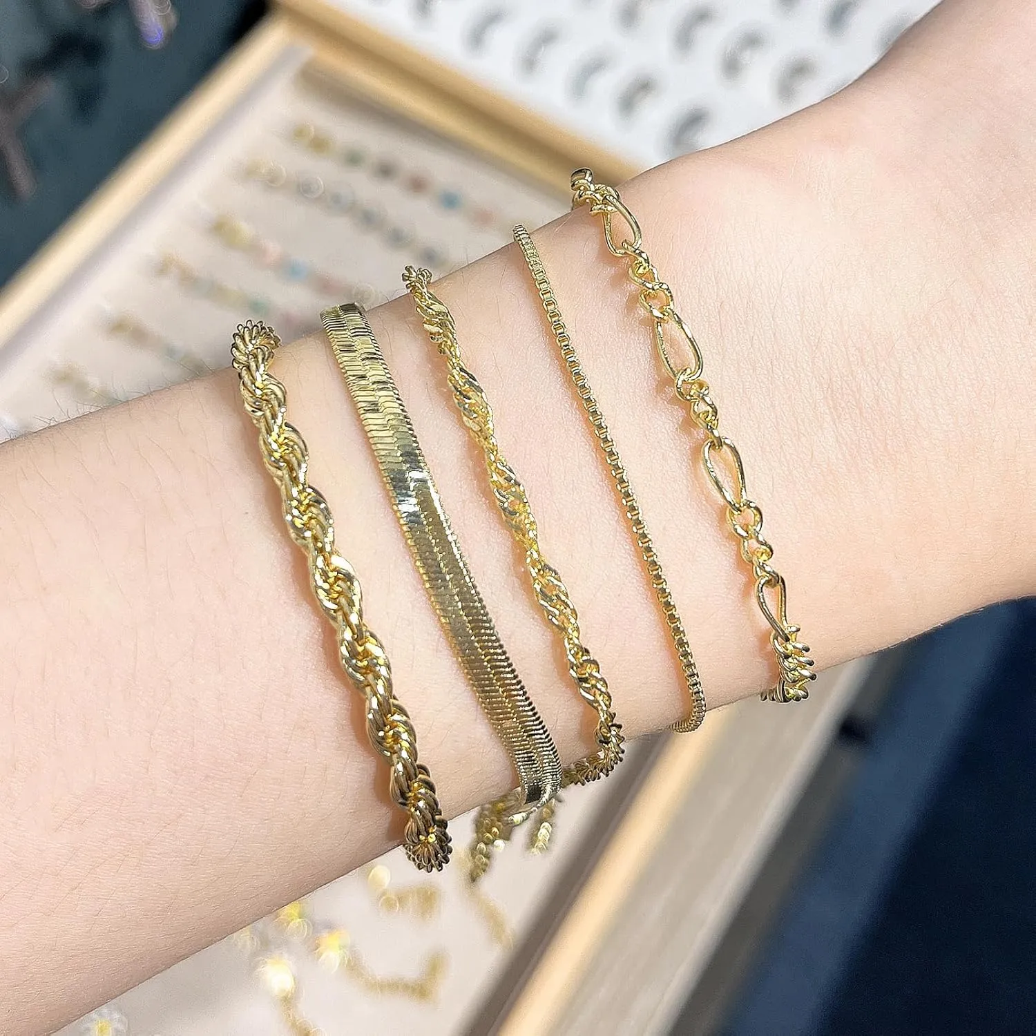 14K Gold Plated Chain Bracelets Set for Women Dainty Stackable Figaro Herringbone Paperclip Link Chain Bracelets Jewelry Pack Stack Gifts