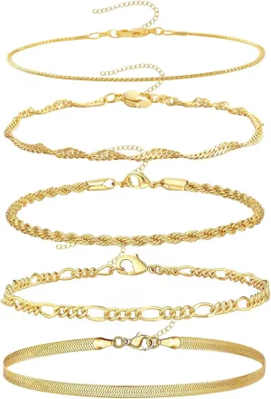 14K Gold Plated Chain Bracelets Set for Women Dainty Stackable Figaro Herringbone Paperclip Link Chain Bracelets Jewelry Pack Stack Gifts