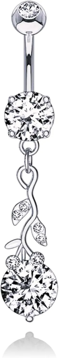 14K Gold Roses Belly Button Rings, Dangling Piercing, Round Diamond Teardrop Piercing, Diamond (1.93ct) Leaf Piercing, Belly Piercing for Women.