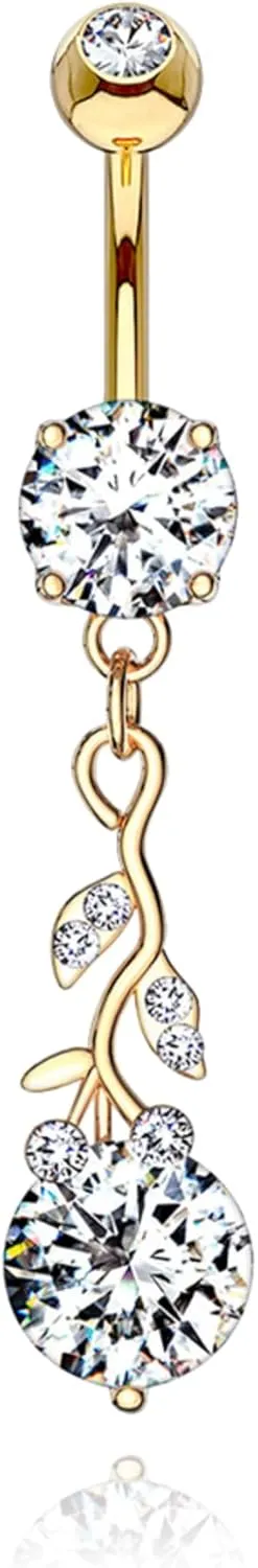 14K Gold Roses Belly Button Rings, Dangling Piercing, Round Diamond Teardrop Piercing, Diamond (1.93ct) Leaf Piercing, Belly Piercing for Women.