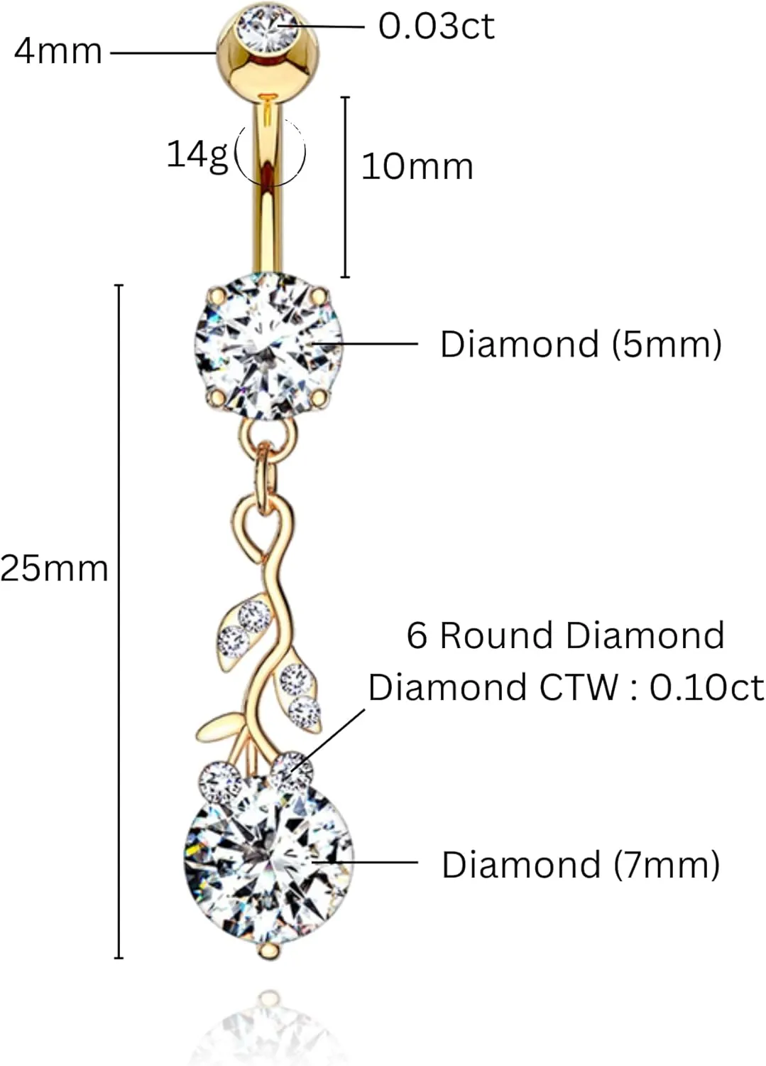 14K Gold Roses Belly Button Rings, Dangling Piercing, Round Diamond Teardrop Piercing, Diamond (1.93ct) Leaf Piercing, Belly Piercing for Women.